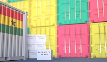 Box with PRODUCT OF GHANA text and cargo containers. 3D rendering