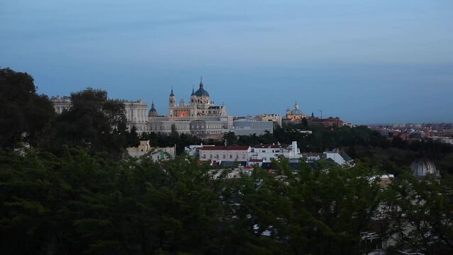Almudena Cathedral in Madrid from the Temple of Debod
