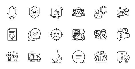 Outline set of Shield, Clock bell and Ole chant line icons for web application. Talk, information, delivery truck outline icon. Include 24 hours, Winner cup, Food delivery icons. Vector