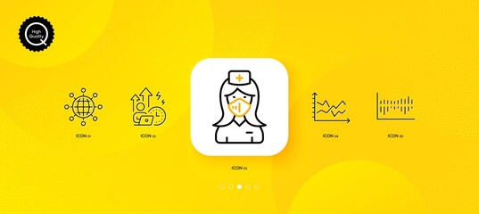 Fototapeta na wymiar International globe, Diagram chart and Column diagram minimal line icons. Yellow abstract background. Nurse, Difficult stress icons. For web, application, printing. Vector