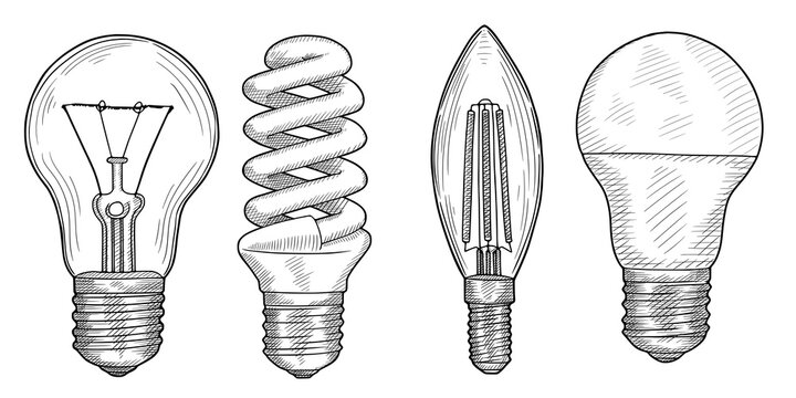 Hand-drawn set of vector sketches of different light bulbs
