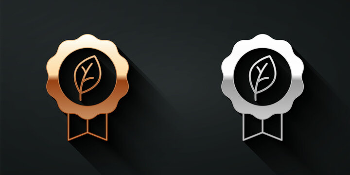 Gold and silver Leaf Eco symbol icon isolated on black background. Banner, label, tag, logo, sticker for eco green. Long shadow style. Vector