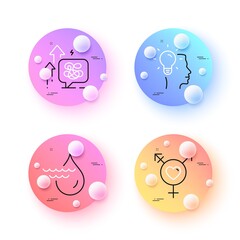 Idea, Hydroelectricity and Stress grows minimal line icons. 3d spheres or balls buttons. Genders icons. For web, application, printing. Professional job, Hydroelectric energy, Mental anxiety. Vector