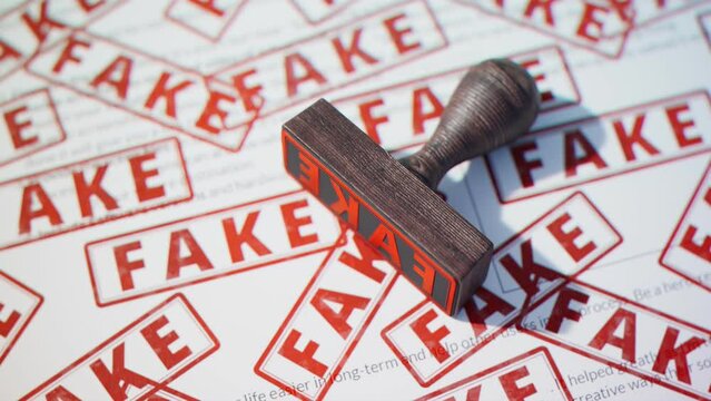 Wooden stamp with multiple red texts FAKE stamped on the document. False papers.