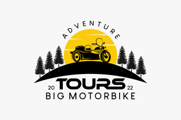 Big motorbike logo design sidecar for travel or adventure, big motorbike silhouette combined with fir and sun - obrazy, fototapety, plakaty