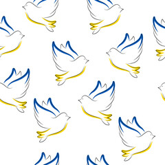 Seamless pattern with a dove of peace in the colors of the Ukrainian flag. Support Ukraine.