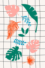 Naklejka premium Clipart set. Vector hand drawn background with checkered line and tropical leaves. Summer design. Background for laptop cover, notepad, phone case print, wallpaper, poster, textile.