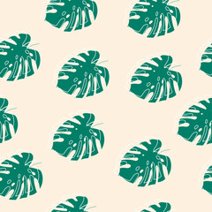 Fototapeta na wymiar Vector hand drawn seamless pattern with tropical leaves. Monstera green on a beige background. Trendy wallpapers, textiles.