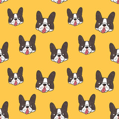 Seamless Pattern with Cartoon French Bulldog Face Design on Yellow Background