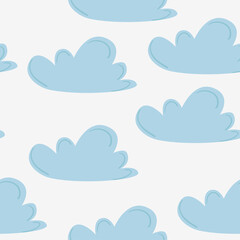 Vector hand drawn seamless pattern with blue clouds. Trendy children's wallpapers, textiles, clothing, wall decor.