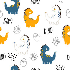 Hand drawn vector pattern with dino. Seamless pattern with dinosaurs, dino lettering, eggs and tropical bushes in doodle style. Children's wallpaper, print on clothes.