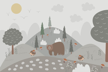 Vector hand drawn children's wallpaper in scandinavian style. Mountains and hills with trees and firs, forest animals and plants. For a children's wall. - obrazy, fototapety, plakaty