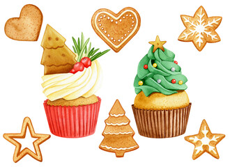 Hand painted winter cookies and cupcakes set isolated on white background. Christmas gingear bread and sweet cupcakes.