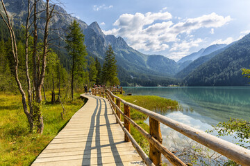 Fototapeta na wymiar Lake antholz, a beautiful lake in South Tyrol