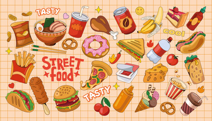 Set of vector illustration of street food from different countries. Colorful images of drinks, desserts, breakfasts on a dark background in vintage style. It is used to decorate cafes and restaurants.