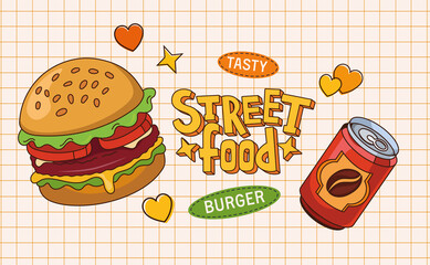 Vector drawing of burger in bright colors on a light background. Text block with sticker in retro style. Freehand drawings on the background.