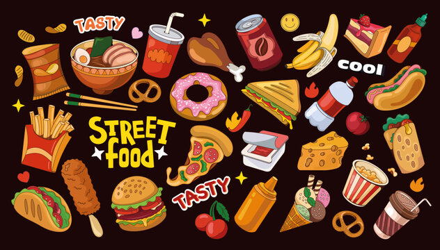 Big vector set of street food from different countries. Colorful images of drinks, desserts, breakfasts on a dark background in vintage style. It is used to decorate cafes, bars and restaurants.
