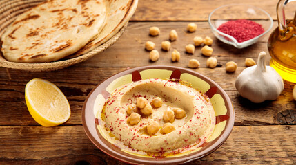 Hummus served in a dish isolated on wooden table background side view of appetizer