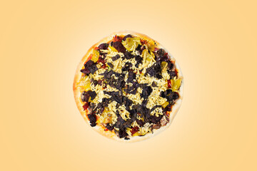 Close-up of vegan pizza isolated on pastel orange background. Top view.