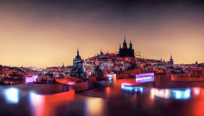 Obraz premium Night neon city, view from above. Night lights of signboards, reflection in the water. Abstract city. 3D illustration.