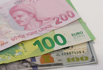 various banknotes and Turkish lira banknotes.