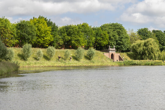 18th-century city gate and ramparts at the medieval Dutch fortified town of Brielle in South Holland.