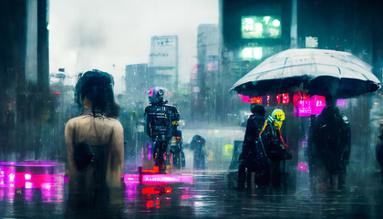 Night neon city, rain weather. Rainy streets of Tokyo. Signboard lights reflected in the water. Abstract city. Silhouettes of people. 3D illustration.
