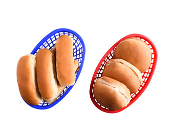 Hamburger and hot dog buns in plastic baskets isolated on white