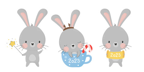 Obraz na płótnie Canvas Set of Christmas funny cute bunnies. Animal rabbit