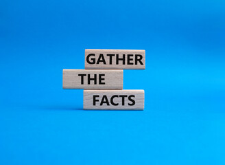 Gather the facts symbol. Wooden blocks with words Gather the facts. Beautiful blue background. Business and Gather the facts concept. Copy space.