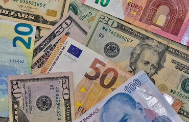 various banknotes. euro and dollar bills.