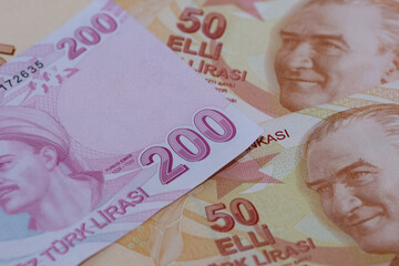 various banknotes. Turkish lira banknotes.