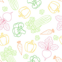 Outline multicolored vegetables background. Vector seamless pattern with food icons. Simple illustration of carrot, broccoli, celery bunch and leaf, beetroot and bell pepper .