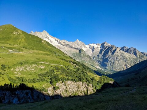 hike in the val ferret from la fouly to the Great St. Bernhard. Beautiful mountain panorama in Valais. Travel in Switzerland. High quality photo