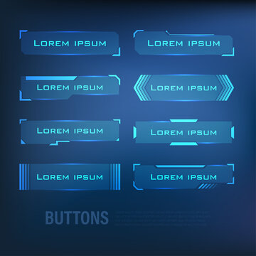 Techno-futuristic, style, sci-fi blue button set, hi-tech information set badge