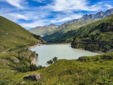 lac des toules in valais switzerland. Next to the pass road on the great Sankt Bernhard. reservoir in the mountains.
