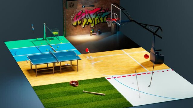 Animation with sports collection. Many competitions with equipment. 3D render