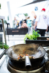 frying pan close up cooking wok noodles