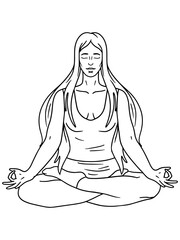 Girl in the lotus position. Isolated yoga. Coloring book, white background, black lines.