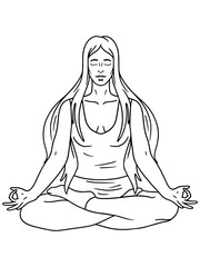 Girl in the lotus position. Isolated yoga. Coloring book, white background, black lines.