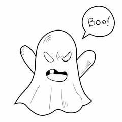Ghost doodle illustration. Cute spooky halloween vector icon. Black line art on white background.