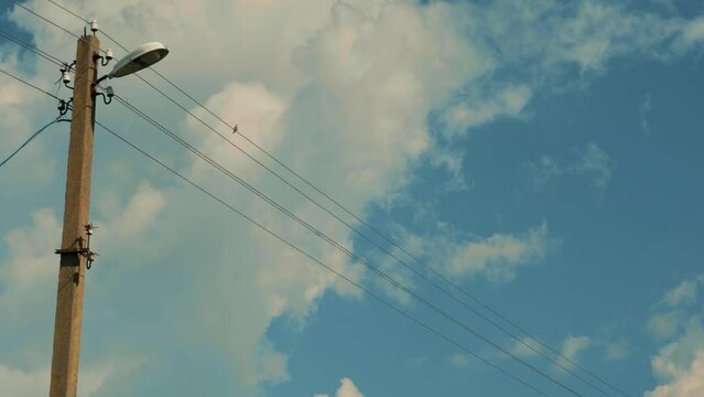 a small bird is sitting on an electric wire near a lamppost