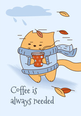 A cat walks in windy rainy weather with coffee.