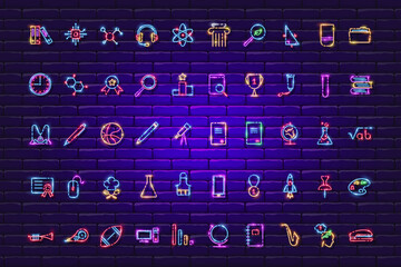 School and office neon signs set. Study, science, school, university, distance learning, e-learning icon. Vector illustration for design, website, advertising © alia.kurianova