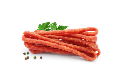 Kabanos (cabanossi or kabana) - long, thin, dry Polish sausages, beer snack, with parsley and spices. Isolated on white background.	