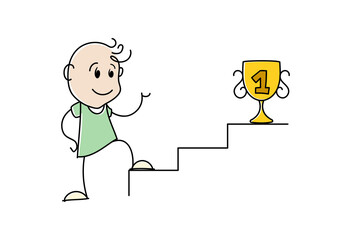 Smiling stickman standing in front of a ladder and a goblet. Cartoon man overcoming obstacle on way to success or victory cup and taking award, prize, trophy or reward. Growth opportunities concept.