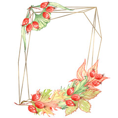 Watercolor frame decorated with beautiful autumn leaves. Fall background with color lives and berries. October season