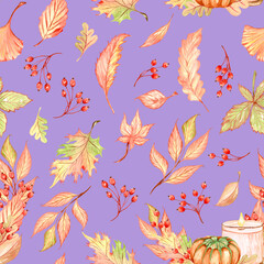 Beautiful seamless autumn pattern with watercolor colorful leaves. Fall watercolor background.
