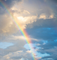 Fototapeta premium amazing bright rainbow in beautiful evening cloudy sky after rain and thunder, weather concept