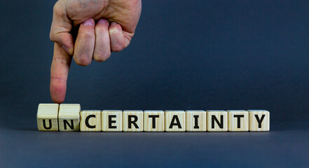 Certainty or Uncertainty symbol. Businessman turns wooden cubes and changes concept words Uncertainty to Certainty. Beautiful grey background. Business Certainty or Uncertainty concept. Copy space.